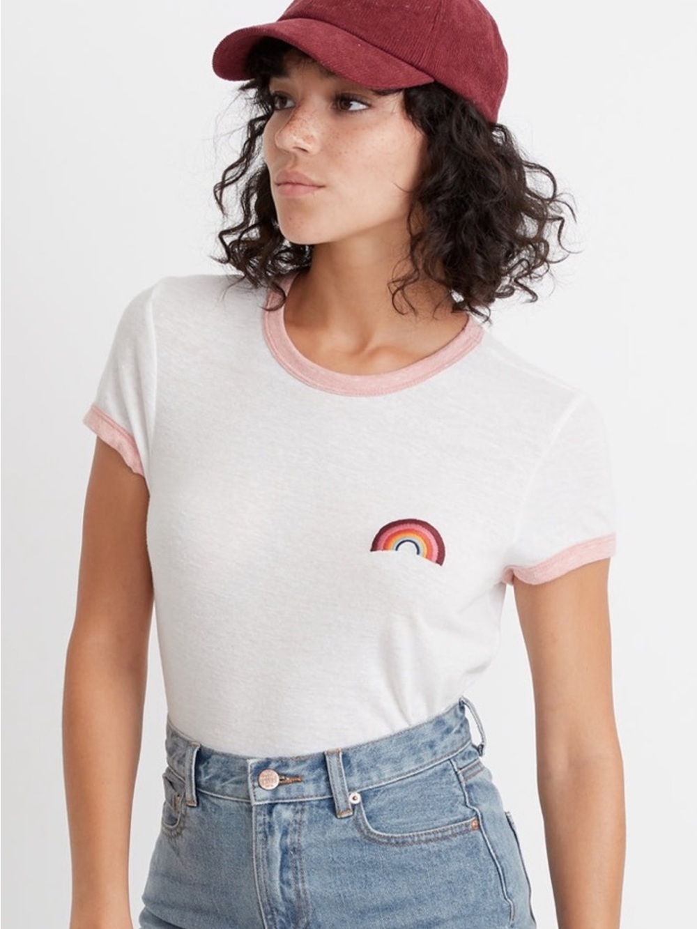 Marine Layer White Ringer Tee with Pink Trim and Rainbow Patch